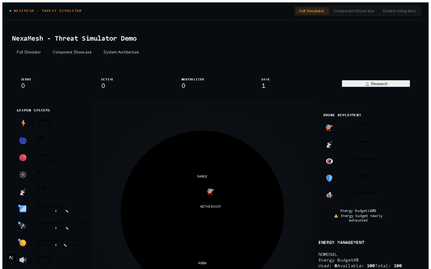 NexaMesh threat simulator — dark tactical interface showing radar display, effector panel, and engagement timeline